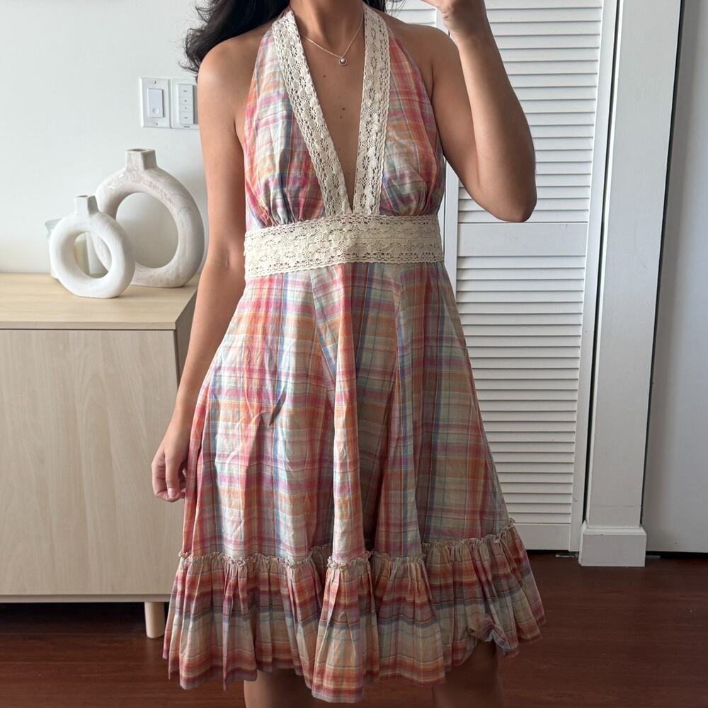 Vintage Cottagecore Dress Large Plaid Halter Crochet Milkmaid Boho Prairie Y2K - Picture 2 of 14